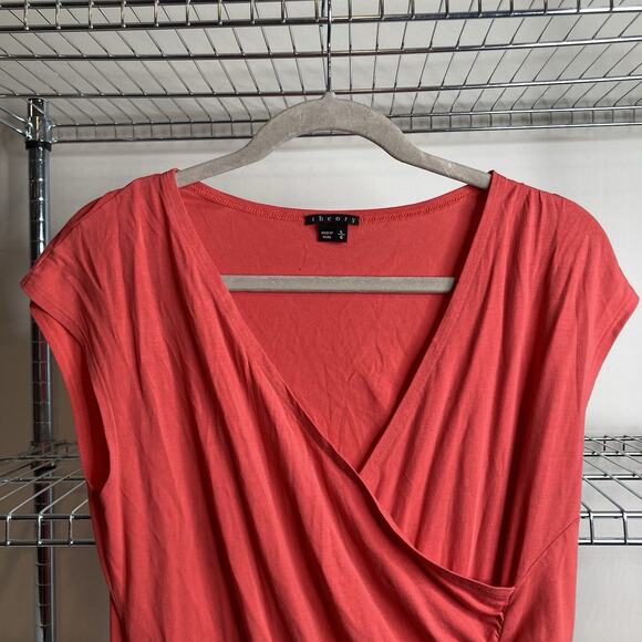 Theory Women's Coral Pink Ruched Cotton V Neck Top Size L Stretchy Draped Basics - Picture 8 of 11
